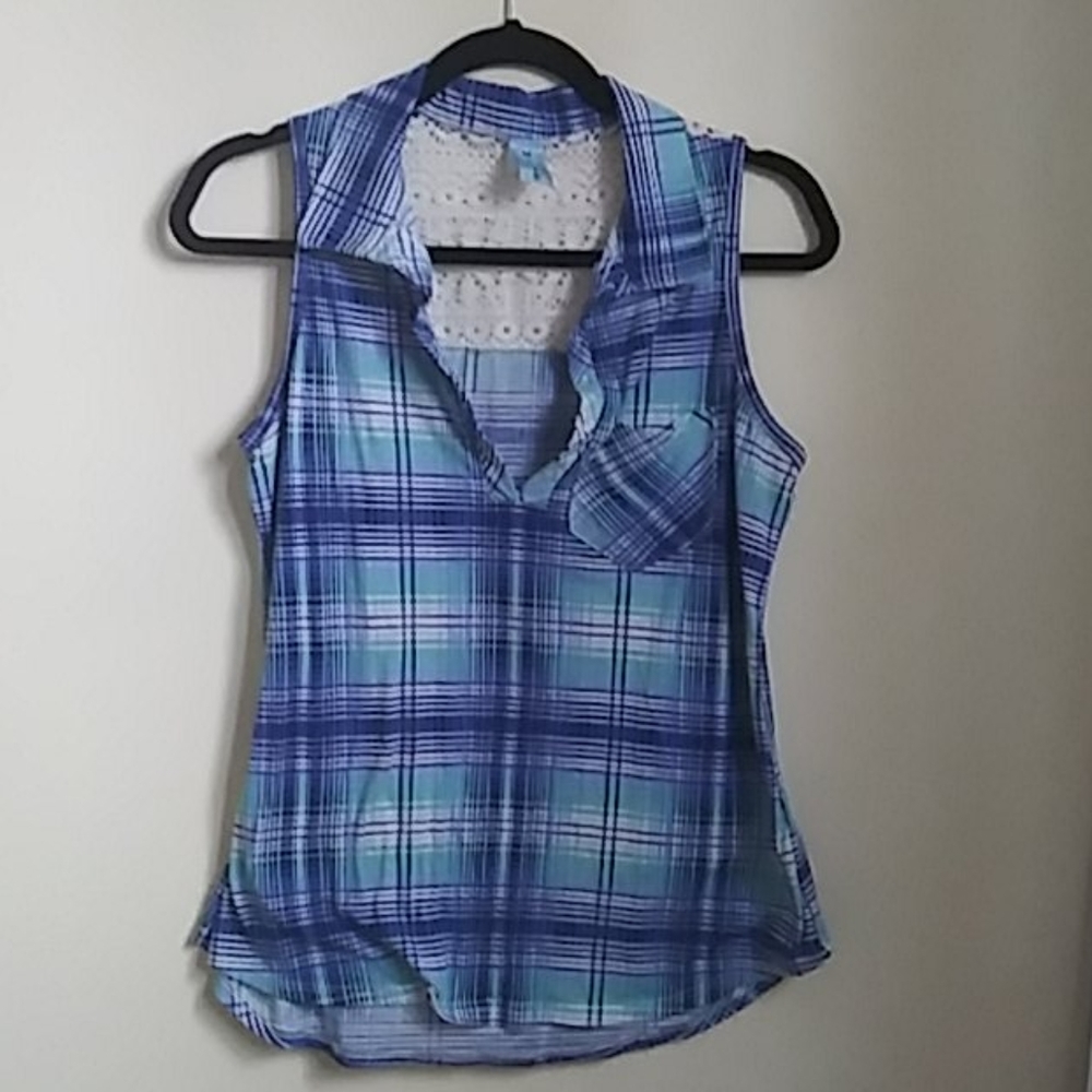 Blue & White Plaid Sleeveless Shirt